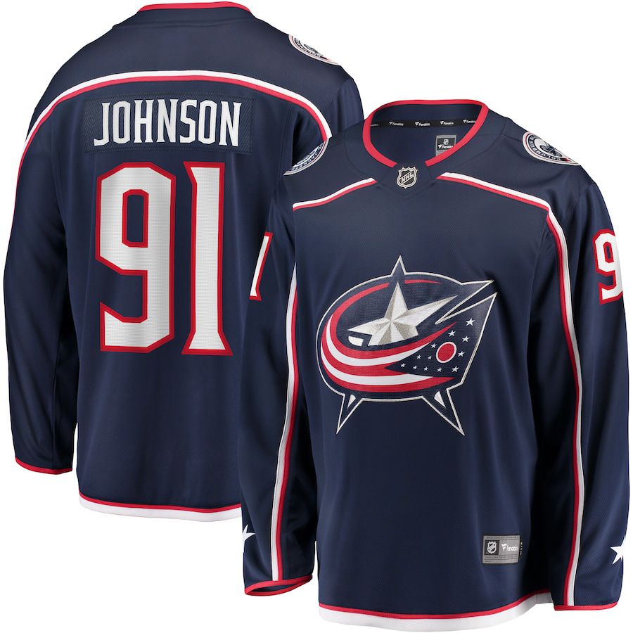 Men Columbus Blue Jackets 91 Kent Johnson Fanatics Branded Navy Home Breakaway NHL Jersey